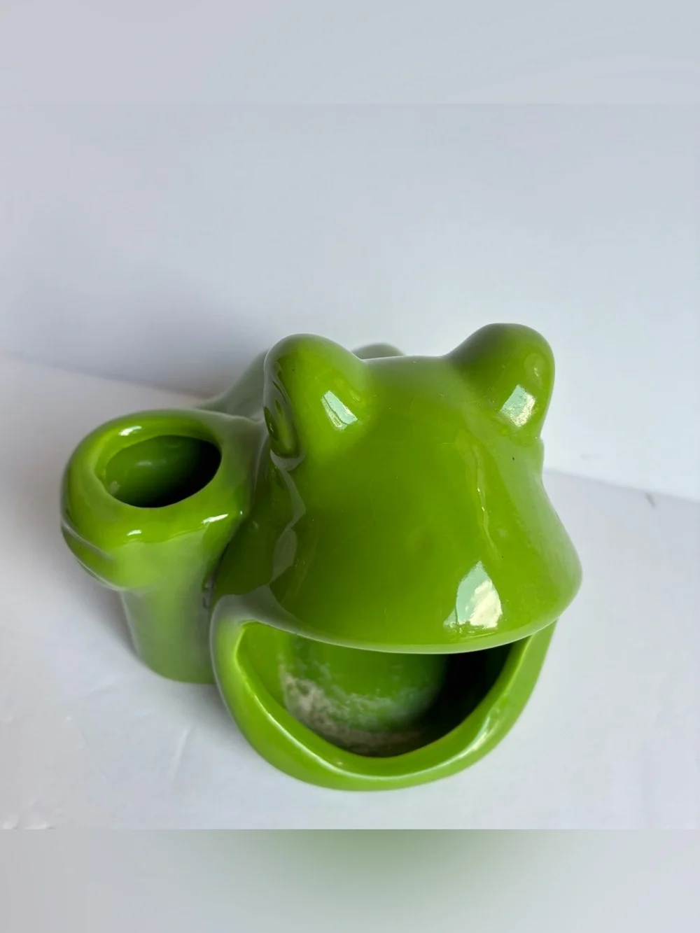 Big Mouth Frog Green Scrubber Sponge Holder w Vase or Brush Holder Ceramic 4